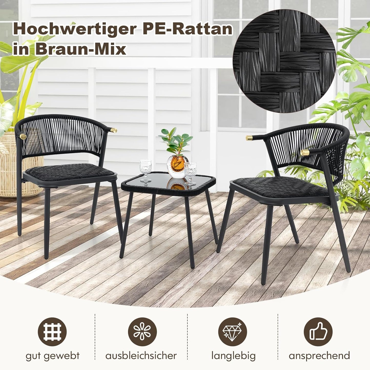 Rattan Garden Furniture Set, Balcony Set with 2 Chairs and Table, Balcony Furniture with Quick-Drying Foam Padding, Rattan Furniture for Small Balcony, Patio Furniture, Garden Furniture