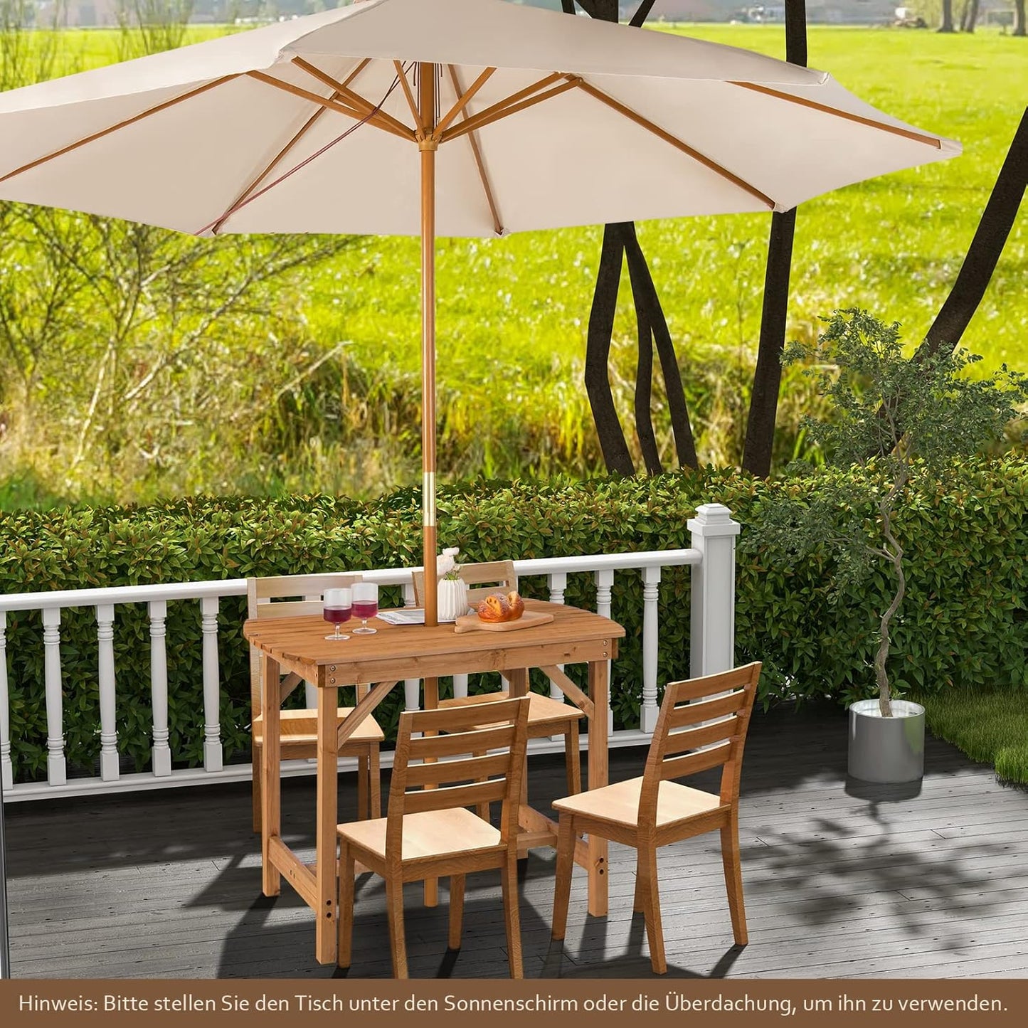 Solid Wood Garden Table, Dining Table with Umbrella Hole, Patio Table, Wooden Table for Backyard, Garden, 100 x 60 x 75 cm