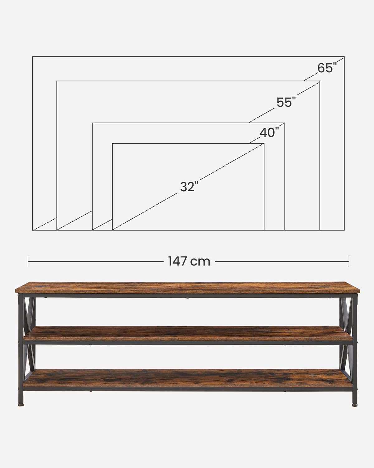 TV Shelf, TV Cabinet, Lowboard for TVs up to 65 inches, 147 x 40 x 50 cm, TV Table with Open Compartments, X-shaped Struts, Industrial Design, Vintage Brown/Black, LTV100B01