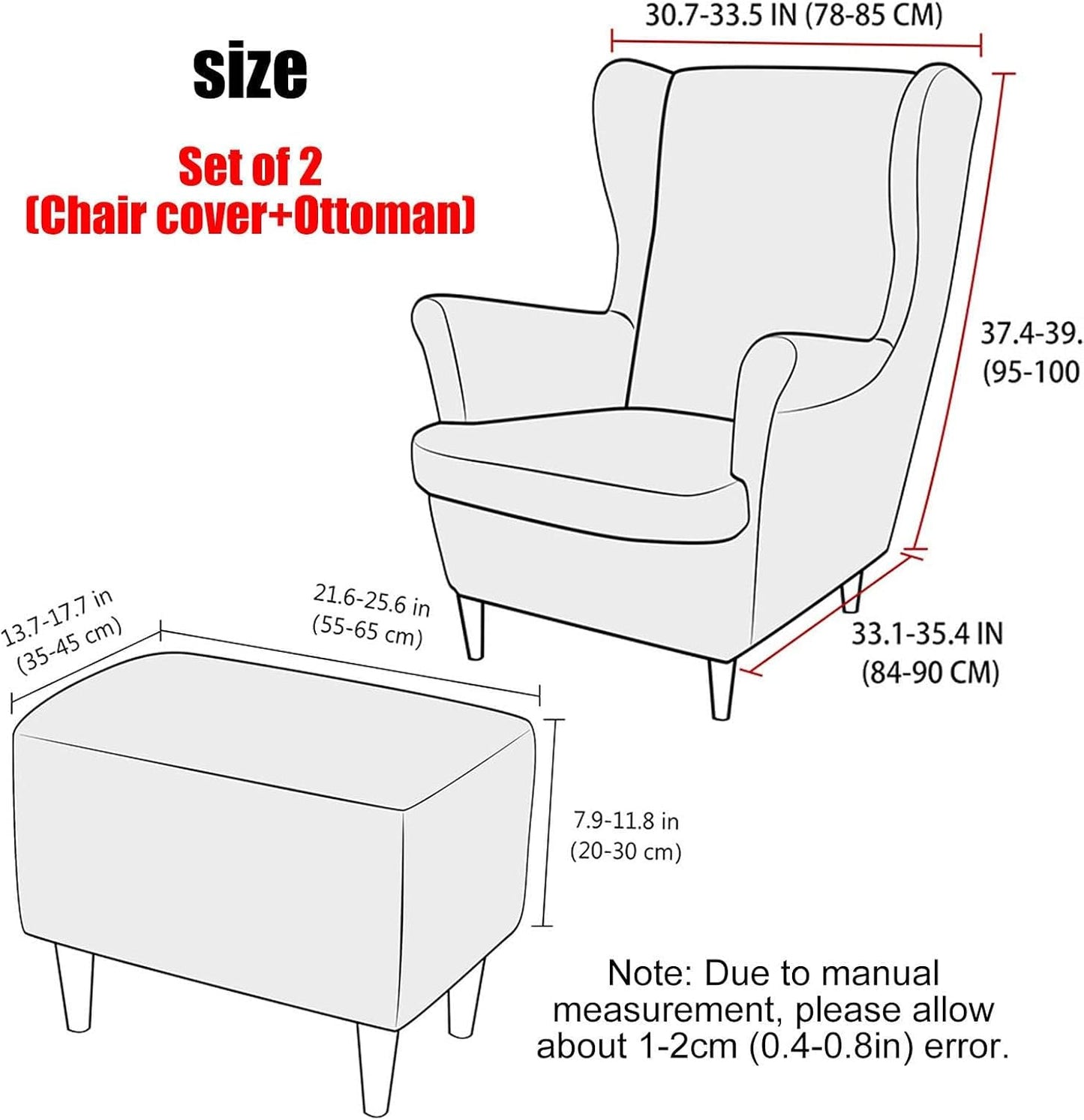 Wingback Chair Covers, Wing Chair Cover and Ottoman Stool Cover Sofa Cover with Elastic Band Washable Armchair Protective Cover for Living Room, 8