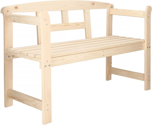 Wooden Bench with Armrests for 2 People, Garden Bench, 119 x 45 x 78 cm, Country House Style, Solid Raw Wood