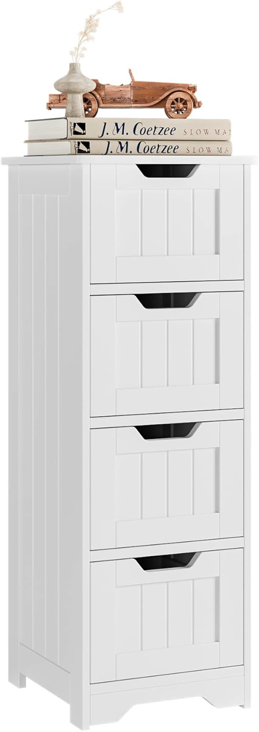 FOTOSOK Bathroom Storage Cabinet, Side Cabinet with 4 Drawers, 11.8” x 11.8” x 32.5” Freestanding Bathroom Cabinet Entryway Cupboard Storage Organizer Unit Home Furniture Decor, White