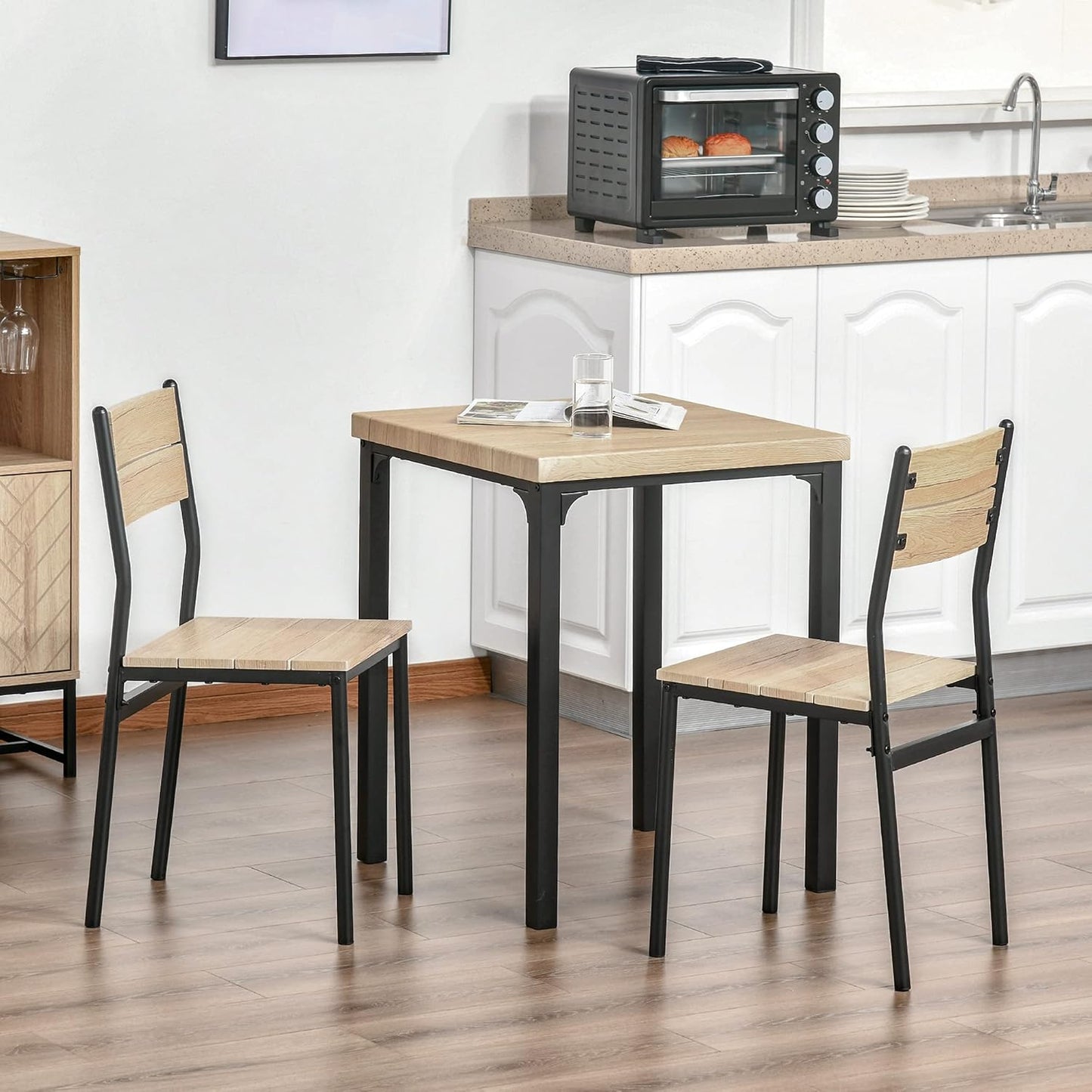 3-piece dining set, dining table set, MDF wood table with natural wood grain, metal and black with 1 table and 2 chairs.