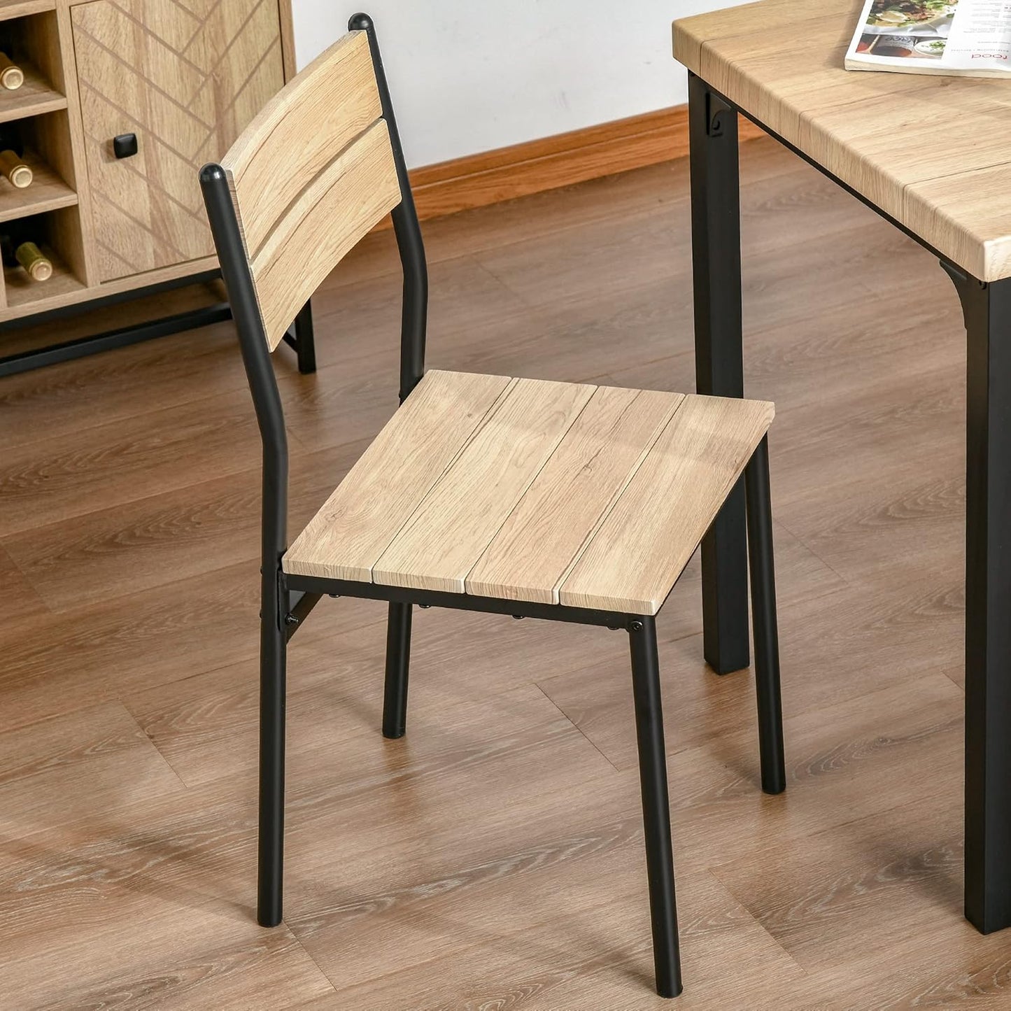 3-piece dining set, dining table set, MDF wood table with natural wood grain, metal and black with 1 table and 2 chairs.