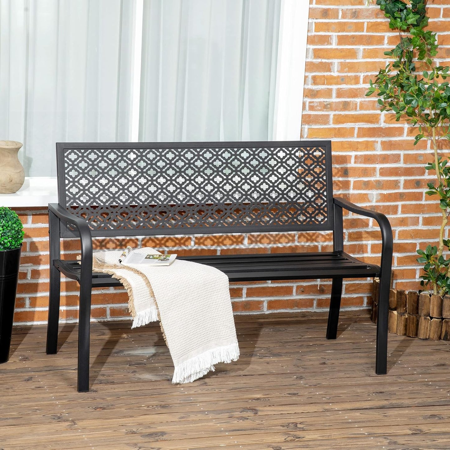 Steel Garden Bench, 2 Seater Park Bench with Backrest & Armrest, Floral Bench for Garden, Balcony, Max. 240 kg, Black, 127 x 63 x 83 cm