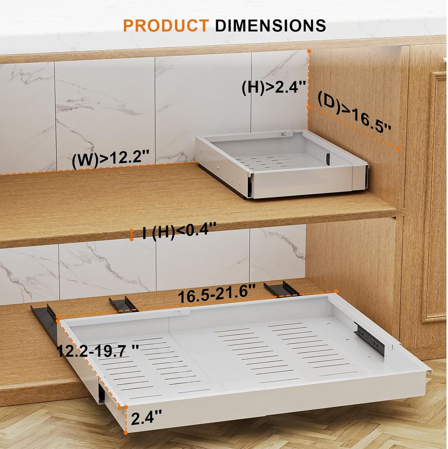 Expandable Pull Out Cabinet Organizer with Depth(16"-22") and Width(12 "-20"), Adhesive Slide out Drawers for Pots, Spice, Pantry Storage, Adjustable Roll out Shelves for Kitchen, White