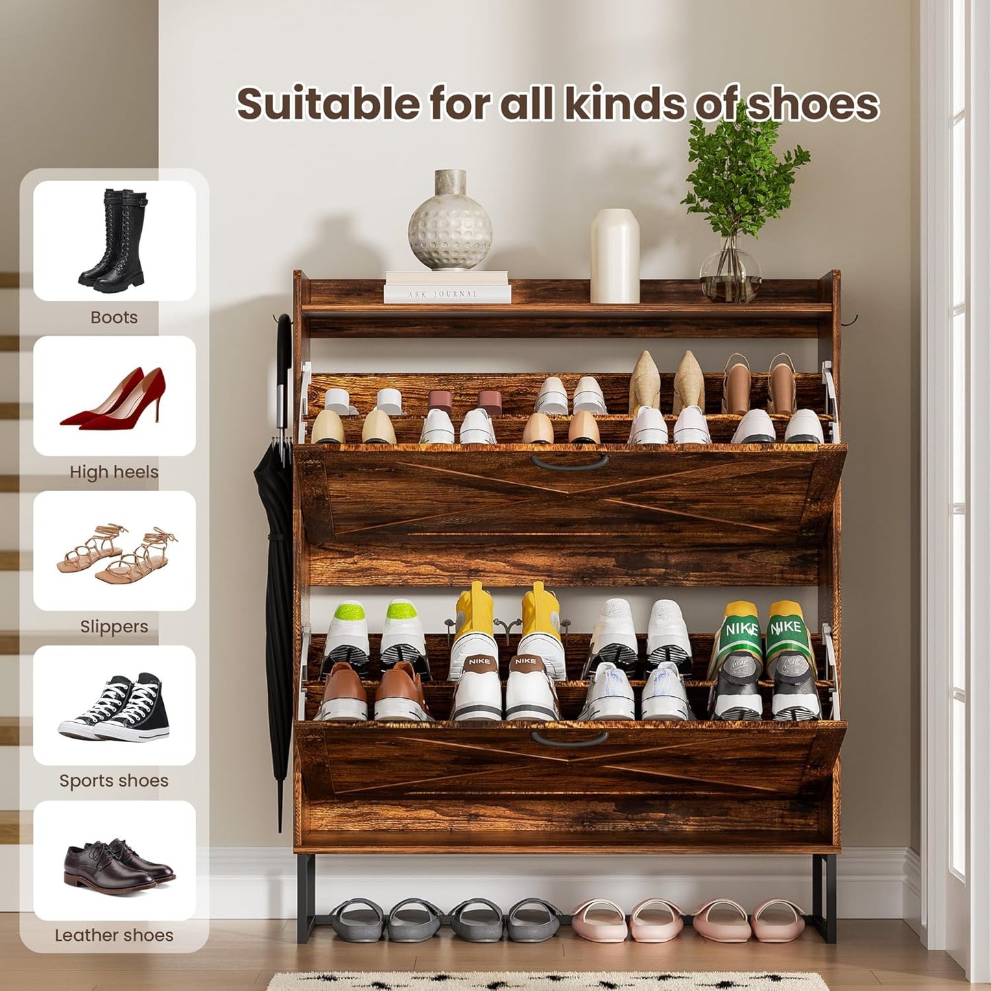 Shoe Cabinet with 2 Flip Drawers, Freestanding Shoe Organizer with Removable Hooks, Narrow Shoe Rack Cabinet for Entryway, Hallway, Living Room, Rustic Brown