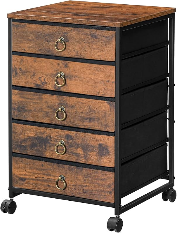 HOOBRO 5-Drawer Chest, File Cabinet, Office Cabinet with Drawers, Rolling Printer Stand, Filing Cabinet for Living Room, Home Office, Nonwovens Drawer, Easy Assembly, Black BFK50WJ01