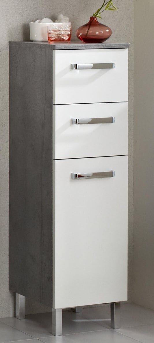 Bathroom Cabinet in White Gloss / Concrete Look, 30 cm Wide, Base Cabinet with 1 Door, 2 Drawers and 1 Shelf