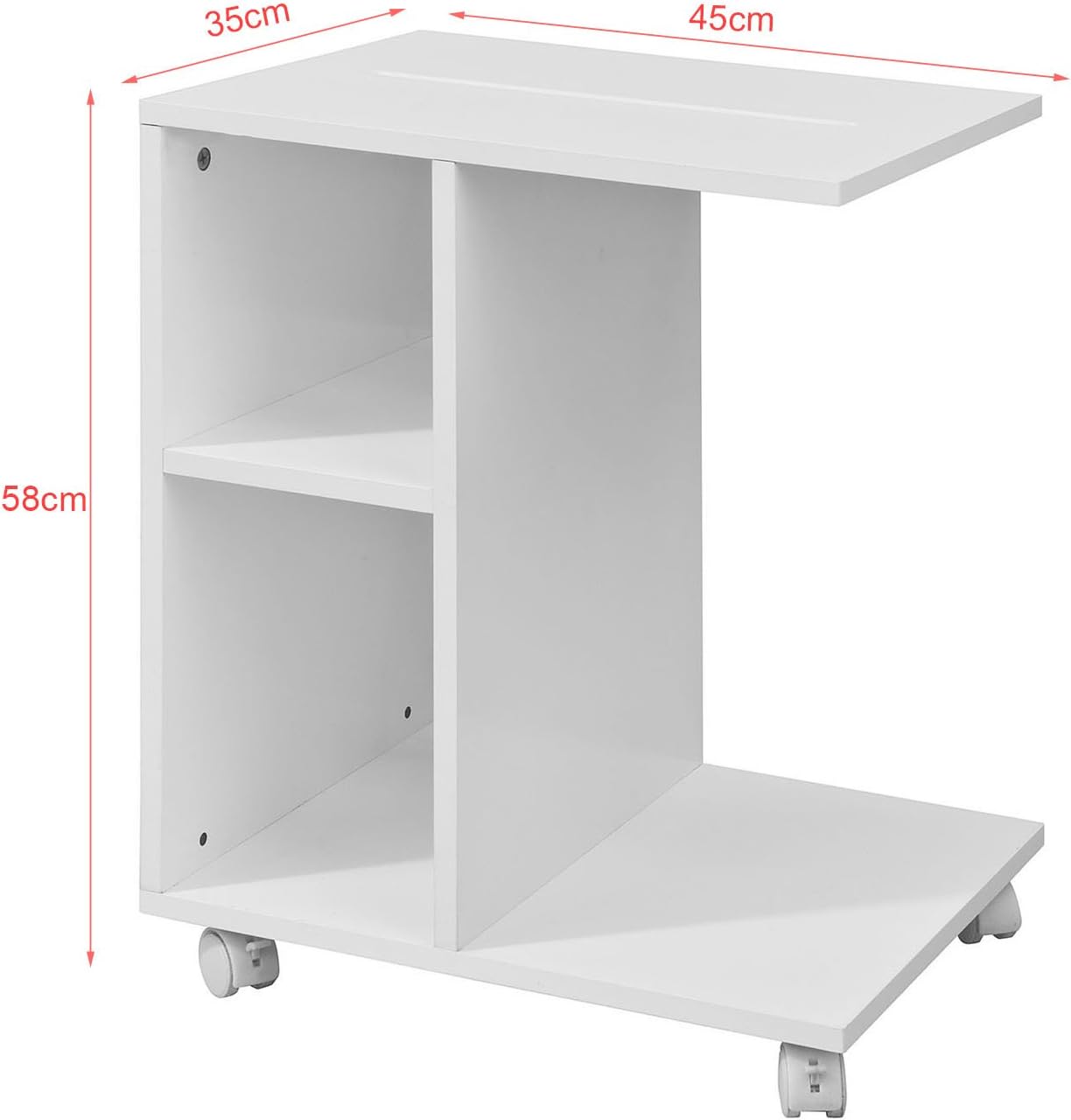 Side Table with Slot for iPad, Newspaper Stand, Coffee Table with Wheels, White, Width Approx. 45 x 58 x 35 cm