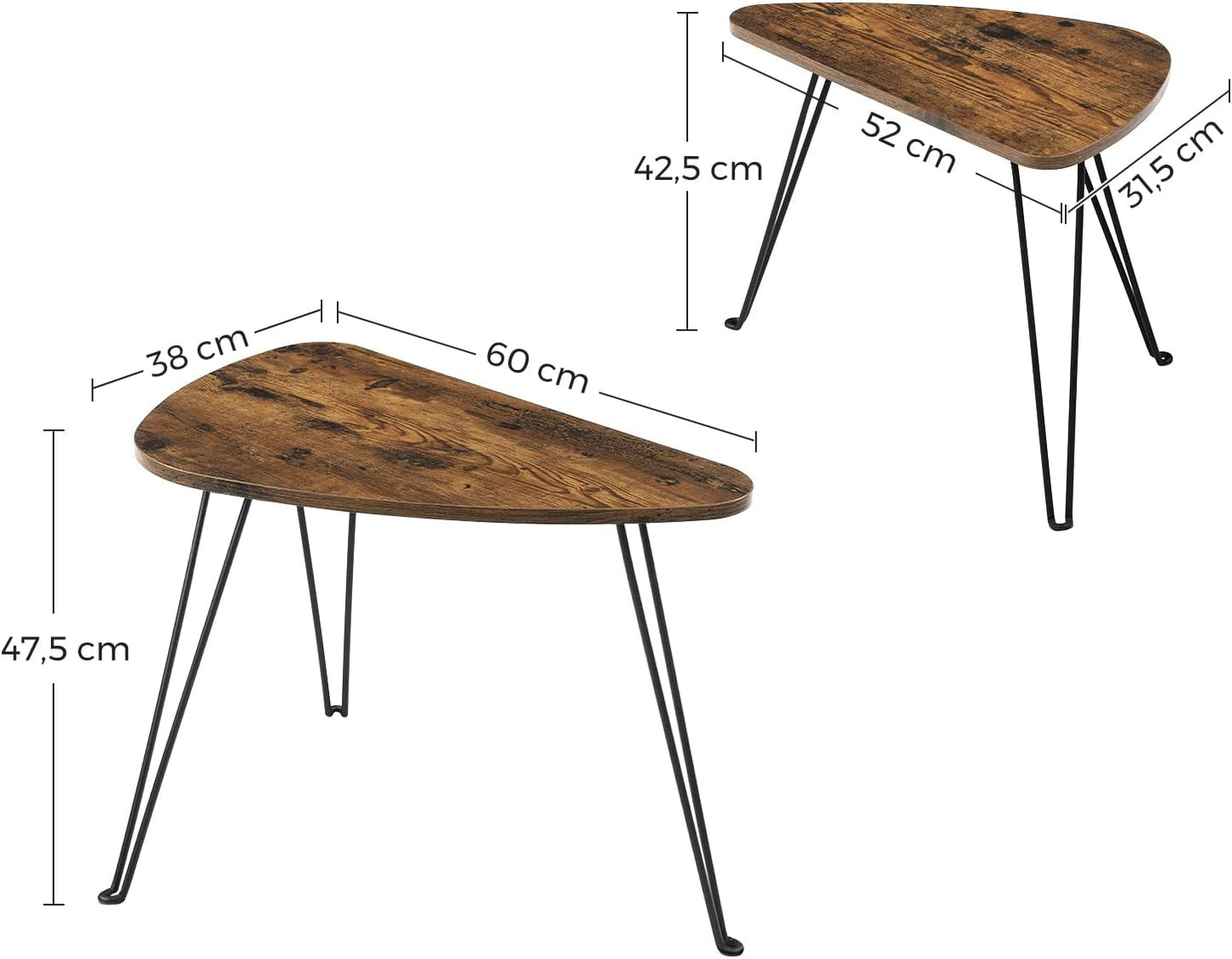 Coffee Table, Set of 2 Side Tables for Living or Dining Room, Bedroom, Industrial Design Vintage Brown/Black LNT012B01