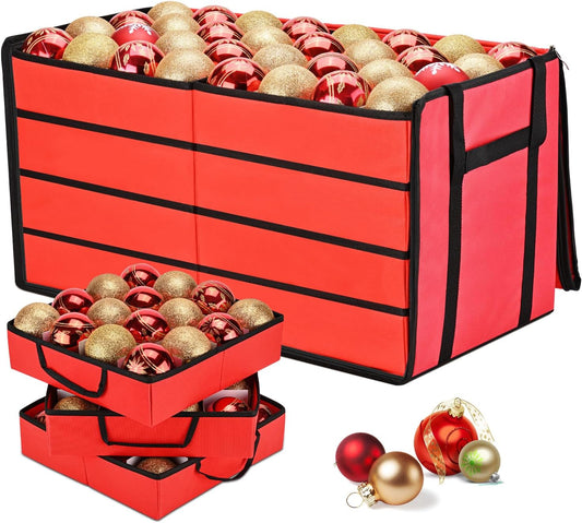 Christmas Ornament Storage Box, Ornament Organizer with 8 Removable Trays and Adjustable Dividers Holds 128 Pcs Decoration Balls, Dual Zipper for Christmas Ornament Storage (Red)