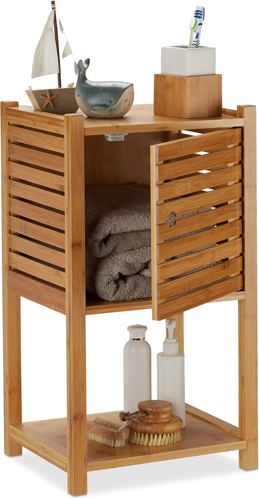 Relaxdays Bamboo Bathroom Shelf, 2 Shelves & 1 Compartment with Door, Bathroom & Kitchen, Slim, Small, Bathroom Furniture HBT 62.5 x 35 x 29 cm, Natural