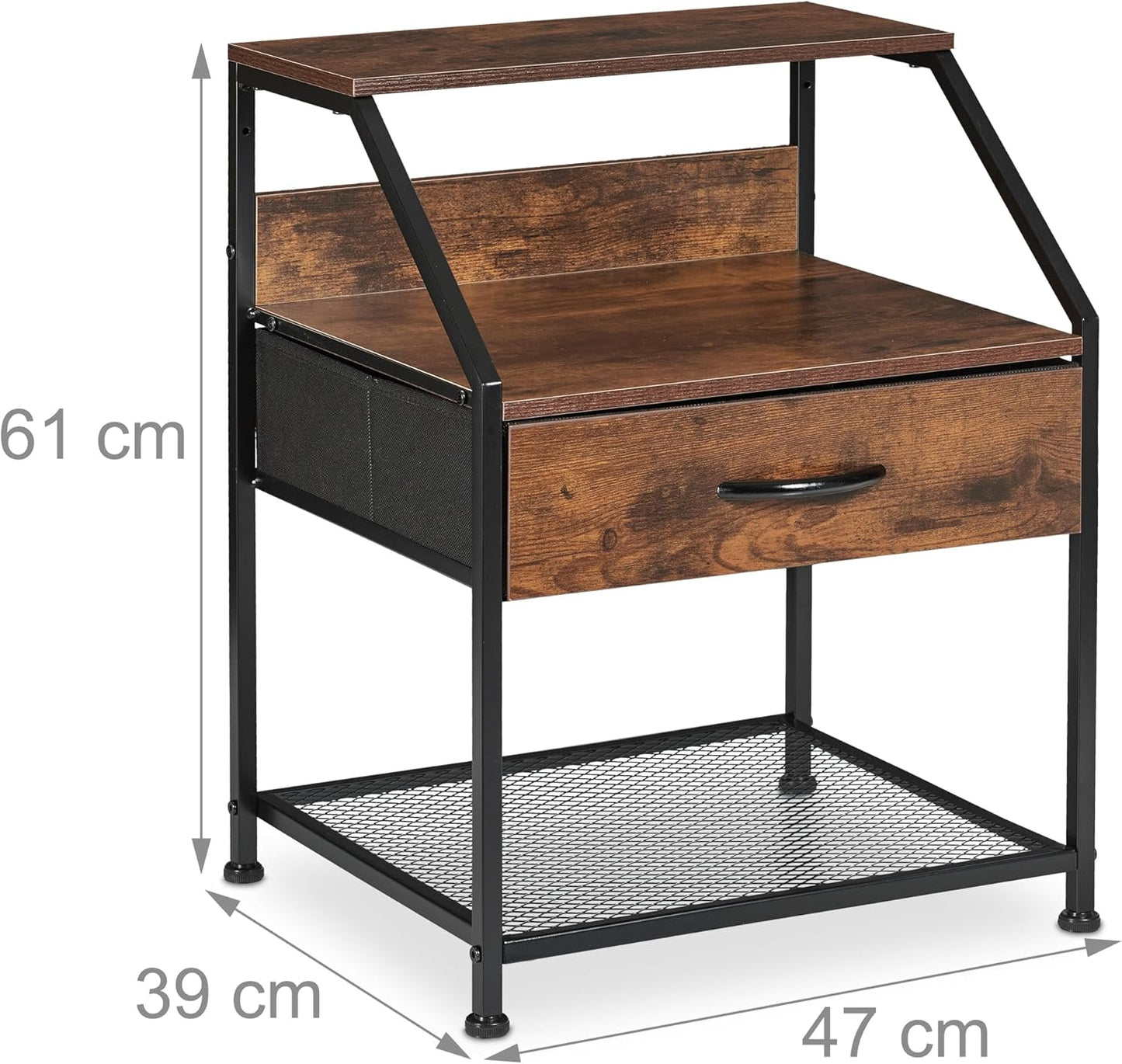 Industrial Bedside Table, 3 Shelves, Drawer, Rustic Wood Look, Side Table, HBT 61 x 47 x 39 cm, Black/Brown