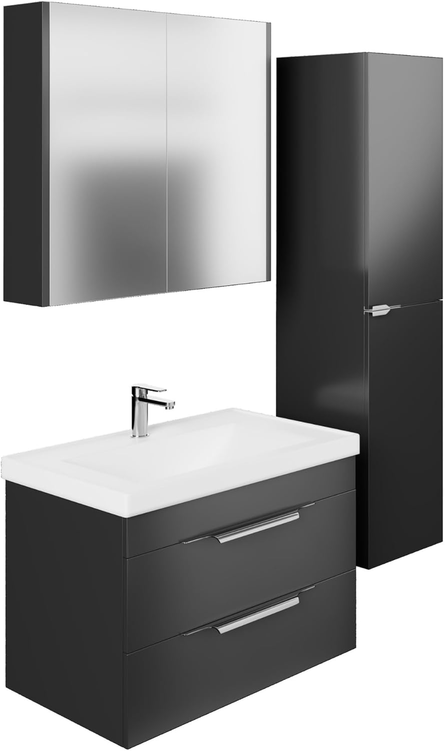 KAREN banyo Lotus 80 Bathroom Furniture Set, Anthracite, Ceramic Sink, Base Cabinet, Mirror Cabinet, Soft-Close Drawers & Doors & Handle Strips Made of Chrome, Modern Style, Bathroom Furniture