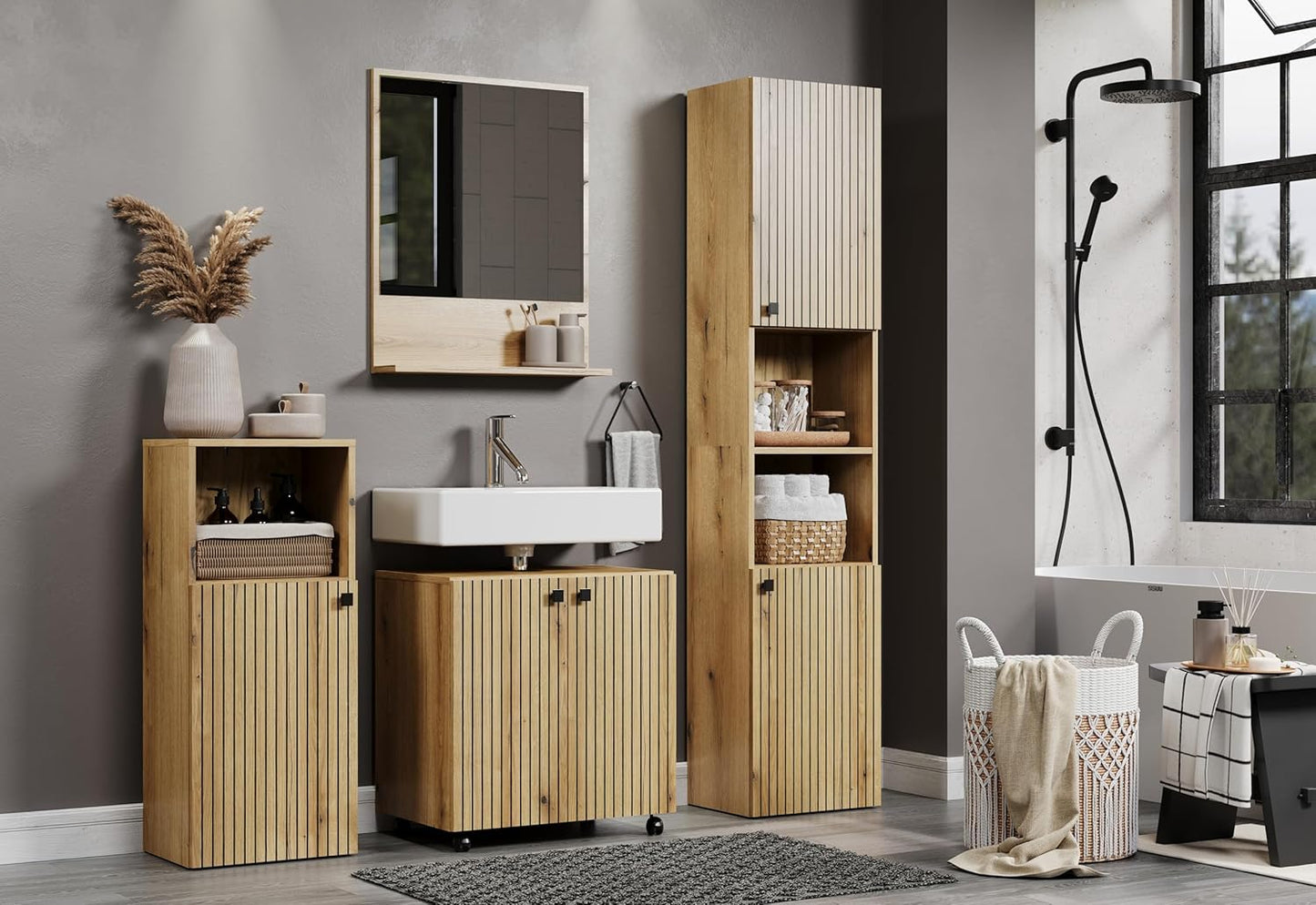 trendteam smart living - PureBliss 233710142 Tall Cupboard - Bathroom - Dimensions (W x H x D) 40 x 186 x 31 cm - Colour Evoke Oak with Black Grooves