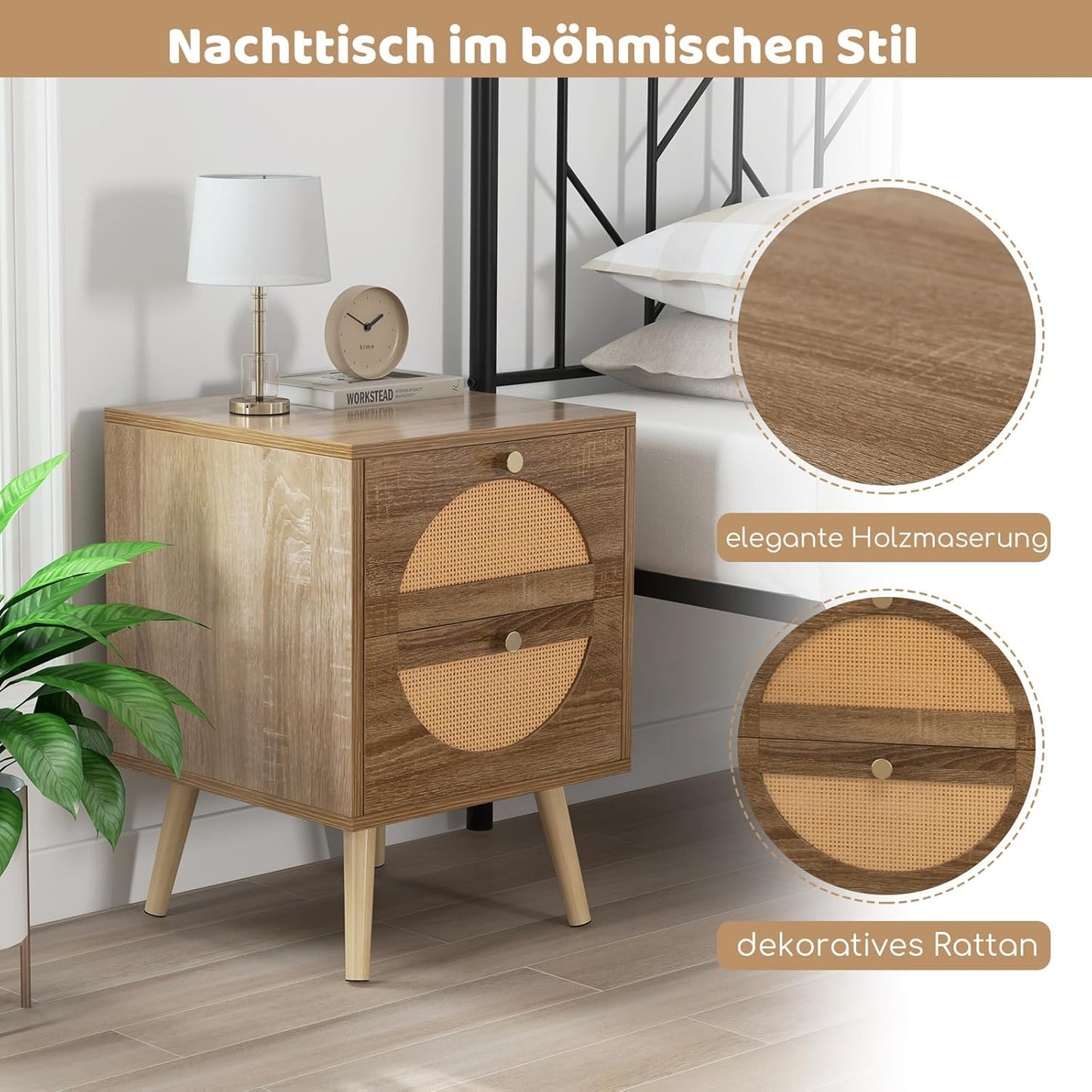 Nachttisch 2er Set, Nachtschrank mit 2 Rattan-Schublade, Nachtkonsole Holz, 40 x 40 x 56 cm, Beistelltisch für Wohnzimmer Schlafzimmer