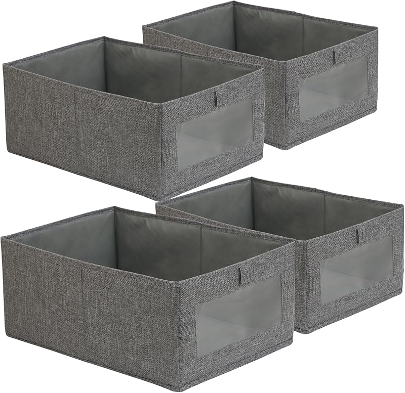 4 Pack Linen Storage Bins, Storage Containers for Organizing Clothing, Jeans, Toys, Books, Shelves, Closet, Wardrobe - Closet Organizers and Storage, Large Storage Boxes Baskets with Window