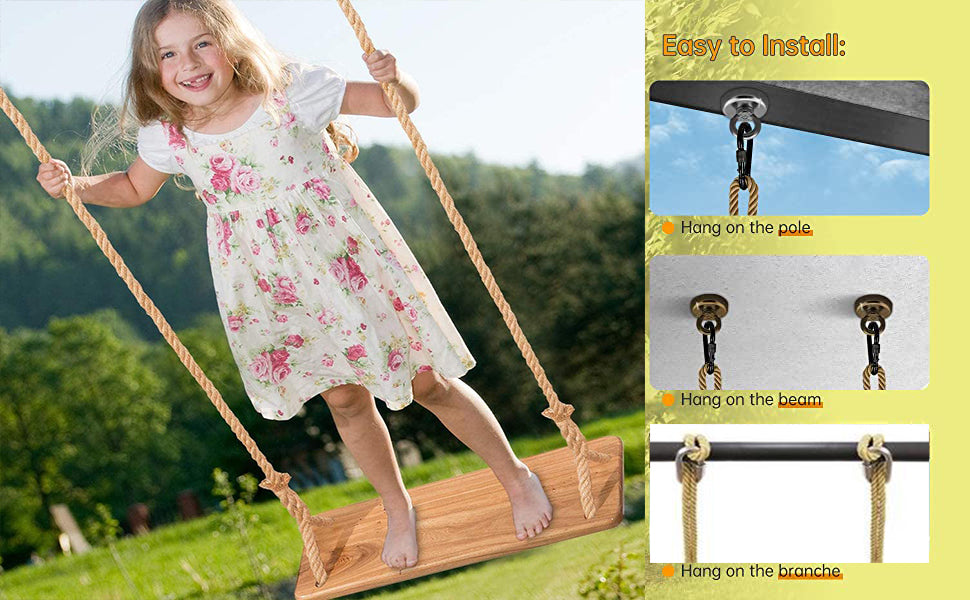 Wooden Swing Seat for Adults, Morwealth Outdoor Wooden Swing 55 x 19.5 x 3 cm, Load Capacity: 160 kg, Children's Swing with Adjustable Hemp Rope for Indoor and Outdoor Use, Extra Board Swing