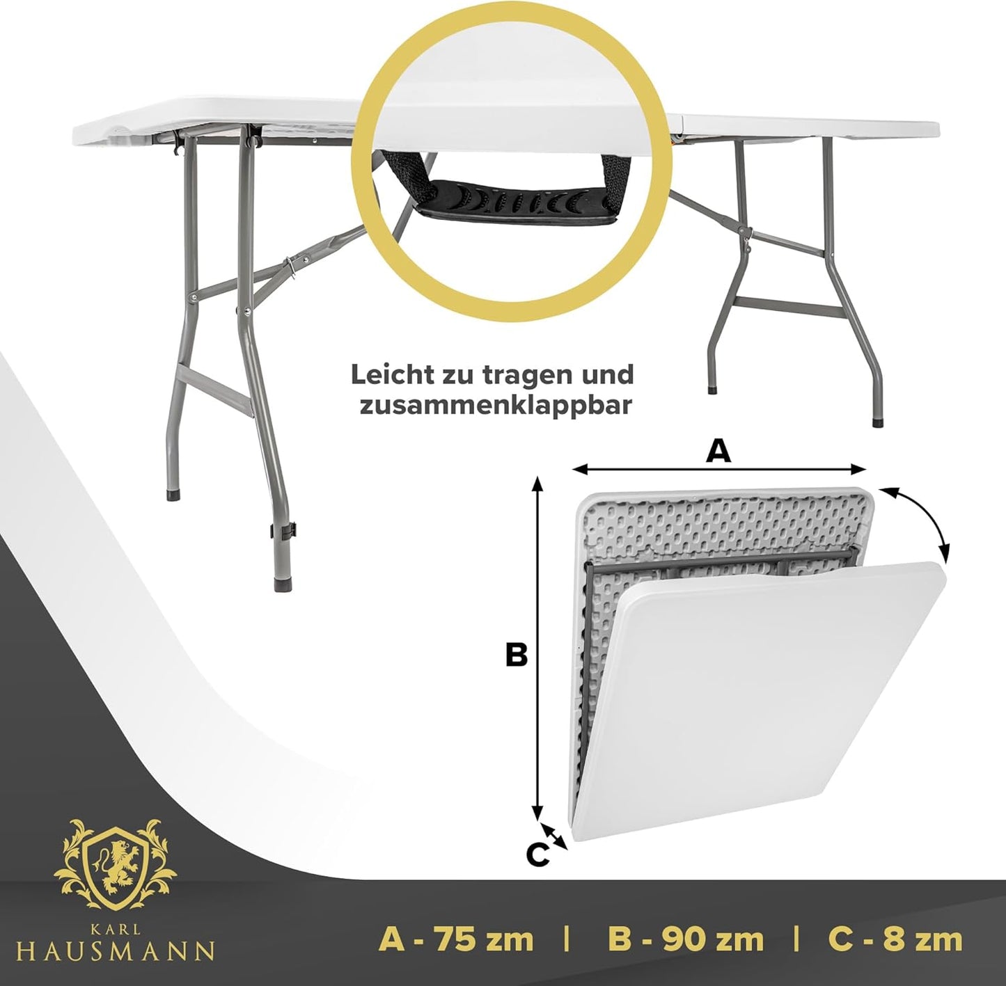 Folding Table with Handle for Carry, Beer Table, Garden Table, Dining Table, Buffet Table with Carry Handle, Rattan Look, 180 x 75 cm, White, Smooth