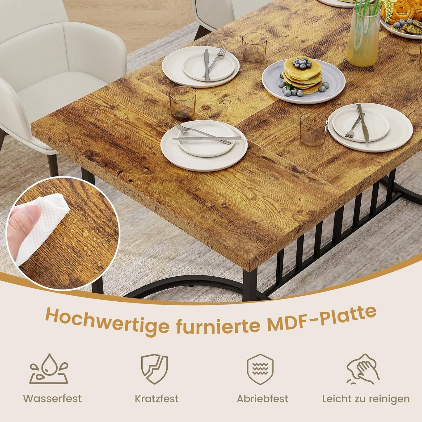 Esszimmertisch, 180 x 79 cm, rechteckiger Küchentisch aus Holz und Metall, bis 135 kg, Esstisch für 6-8 Personen, großer Tisch für Esszimmer, Wohnzimmer, Restaurant, Braun+schwarz