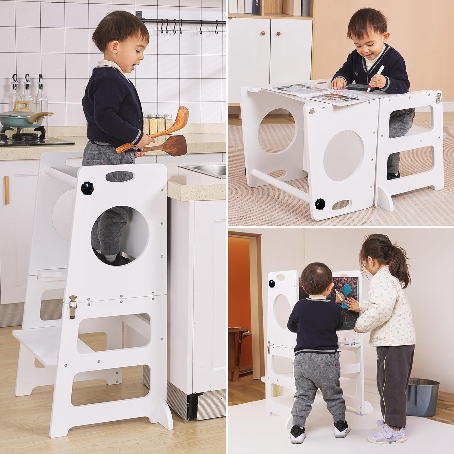 White Toddler Tower Step Stool for Kids Kitchen Stool Helper Toddler Standing Tower Foldable Toddler Table Kids Table and Chair Set 4 in 1 Montessori Helper Tower