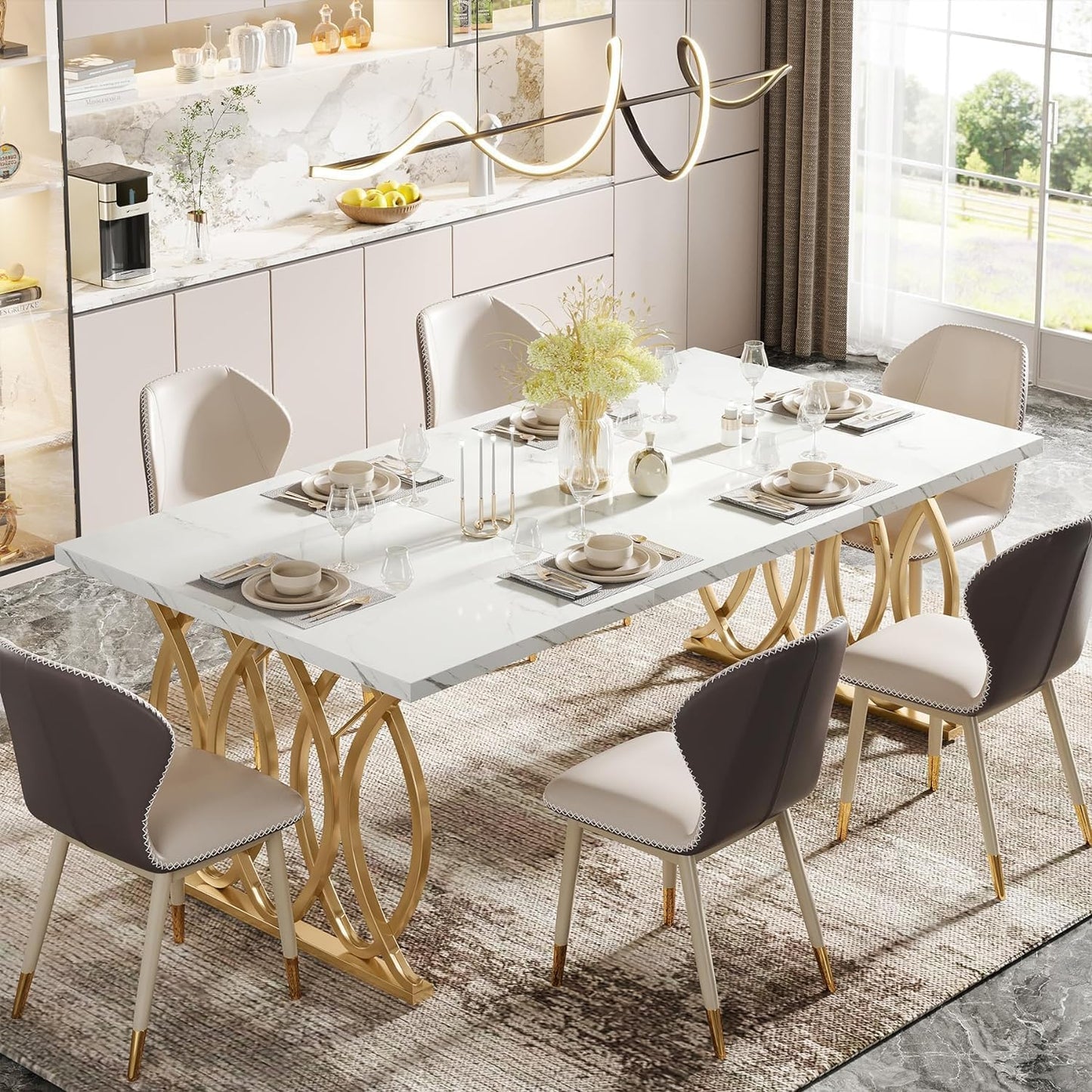 Moderner Esstisch für 6 Personen, Tisch Wohnzimmer, 160 x 80 x 75 cm, Rechteckig, Küchentisch, Esstisch für Esszimmer und Küche, Wohnzimmer, Moderner-Design, Weiß und Gold