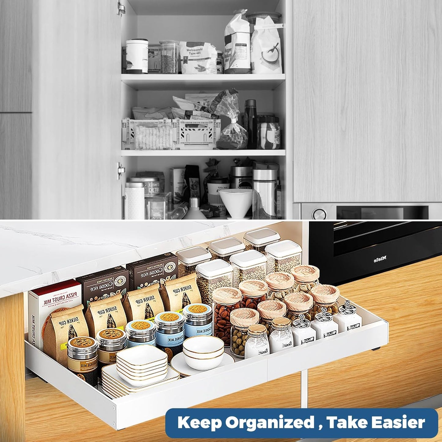 Pull Out Drawers for Cabinets, 2 Packs Expandable(12.6''-20.5'') Slide Out Shelves for Kitchen Cabinets, Pullout Cabinet Organizer with Adhesive Nano Film and Screws for Kitchen Cabinet Organization