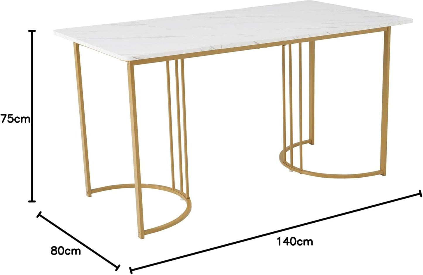 Dining Table 140 x 80 cm, Modern Kitchen Table with Metal Frame, Rectangular Marble Pattern Kitchen Table with Adjustable Feet for Dining Room and Living Room, White/Gold