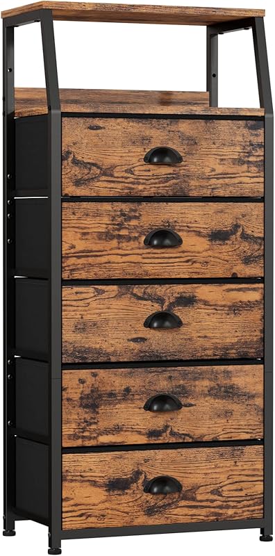 Tall 5 Drawers Dresser Organizer Vertical Fabric Storage Tower for Bedroom Hallway Entryway Closet Nursery Bedside Furniture Wood Top Easy Handle (5 Drawers)