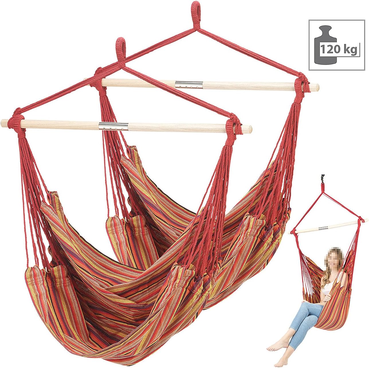 Urban Survival Technology Children's Hanging Chairs: Pack of 2 Hanging Chairs with Cross Brace, Maximum Load 120 kg, 100 x 130 cm (Hanging Chair, Hanging Chair Frame, Hammocks)