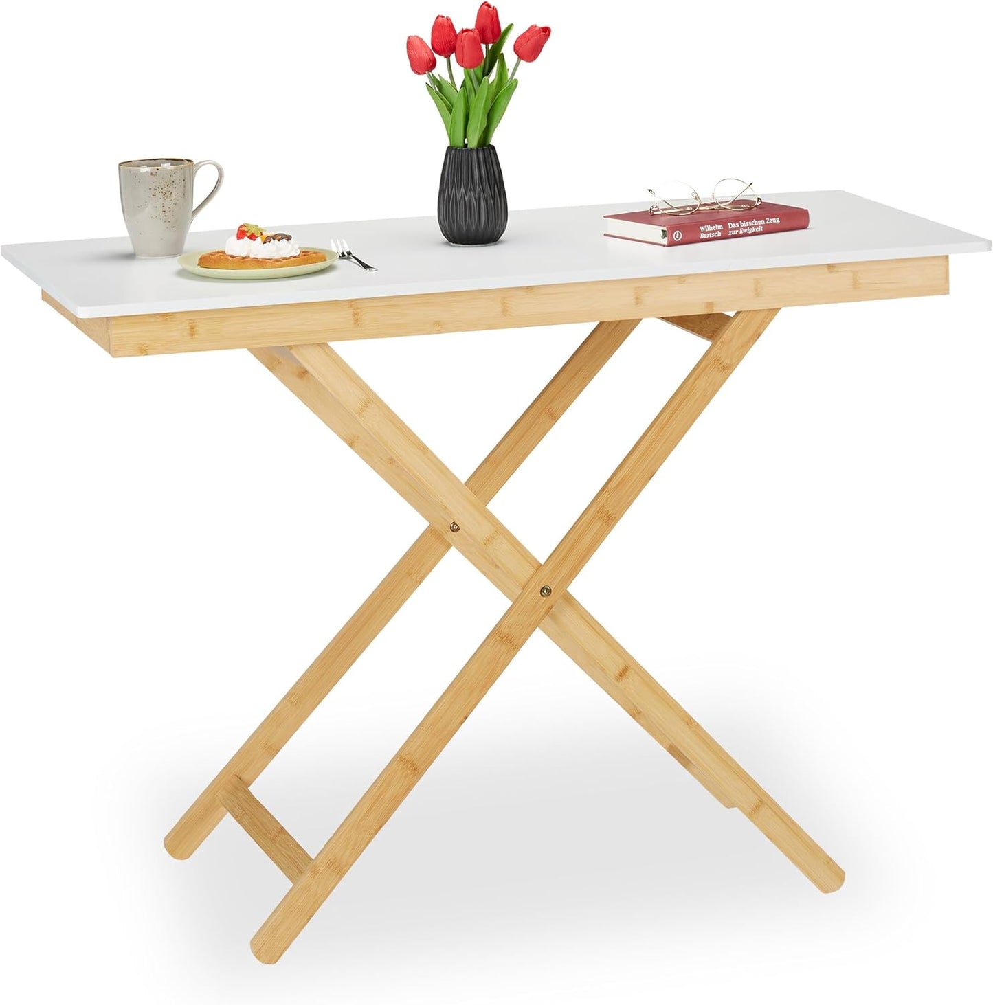 Relaxdays Folding Table Height-Adjustable, Bamboo & MDF, HBT 70 x 105 x 50 cm, Dining Table in Kitchen, Living Room, Balcony, Natural/White