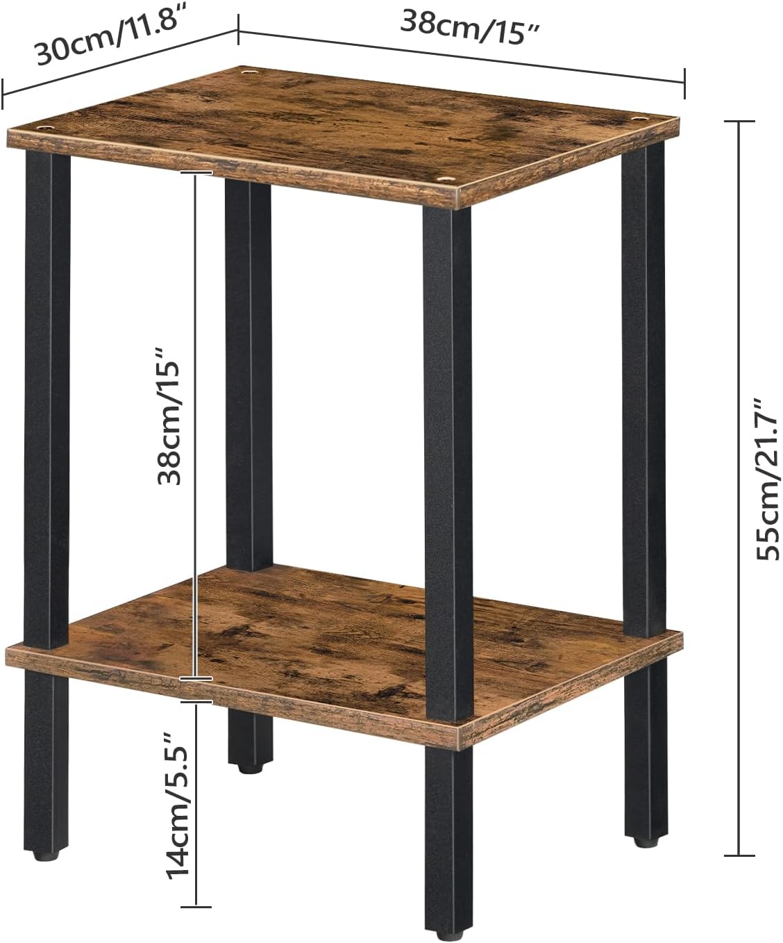 Side Table, Small Table, Narrow Coffee Table, Bedside Table with 2 Levels, Industrial Style, Wood Frame, for Living Room, Bedroom, Office, Vintage Brown and Black, AETHR7901N1