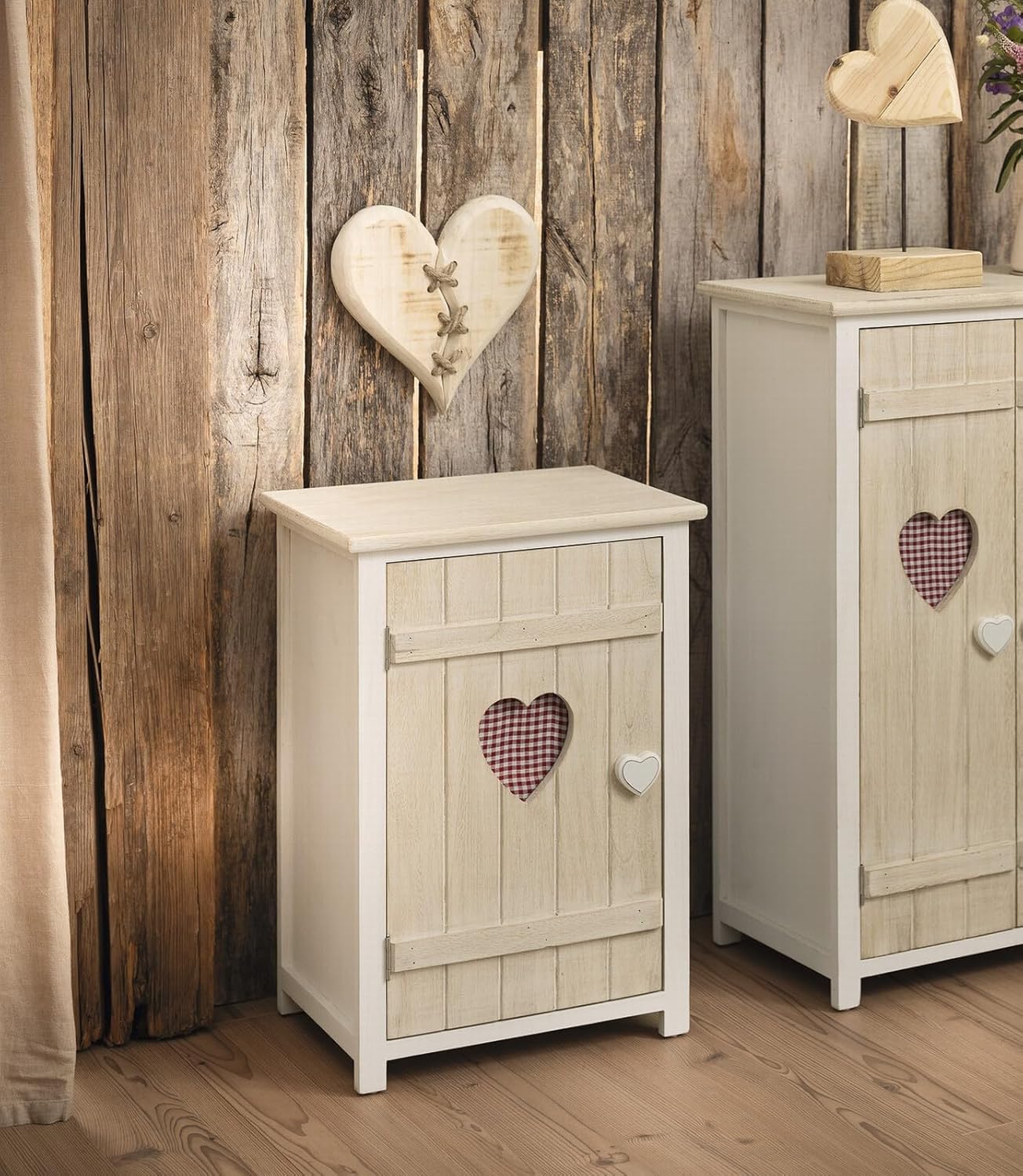 Dekoleidenschaft Small Cabinet Country Heart Wooden White Washed 40 x 31 x 57 cm Hallway Chest of Drawers in Country House Style Chest of Drawers Bedside Cabinet