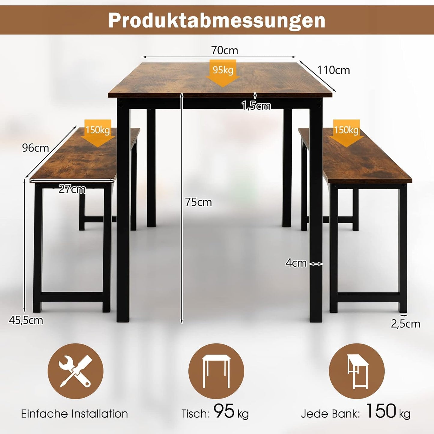 Esstisch mit 2 Bänken, Essgruppe 3er-Set, 110 x 70cm Küchentisch für 4 Personen, Esszimmertisch mit rostfreiem Metallrahmen, Sitzgruppe für Küche, Wohnzimmer, Esszimmer (Vintagebraun)