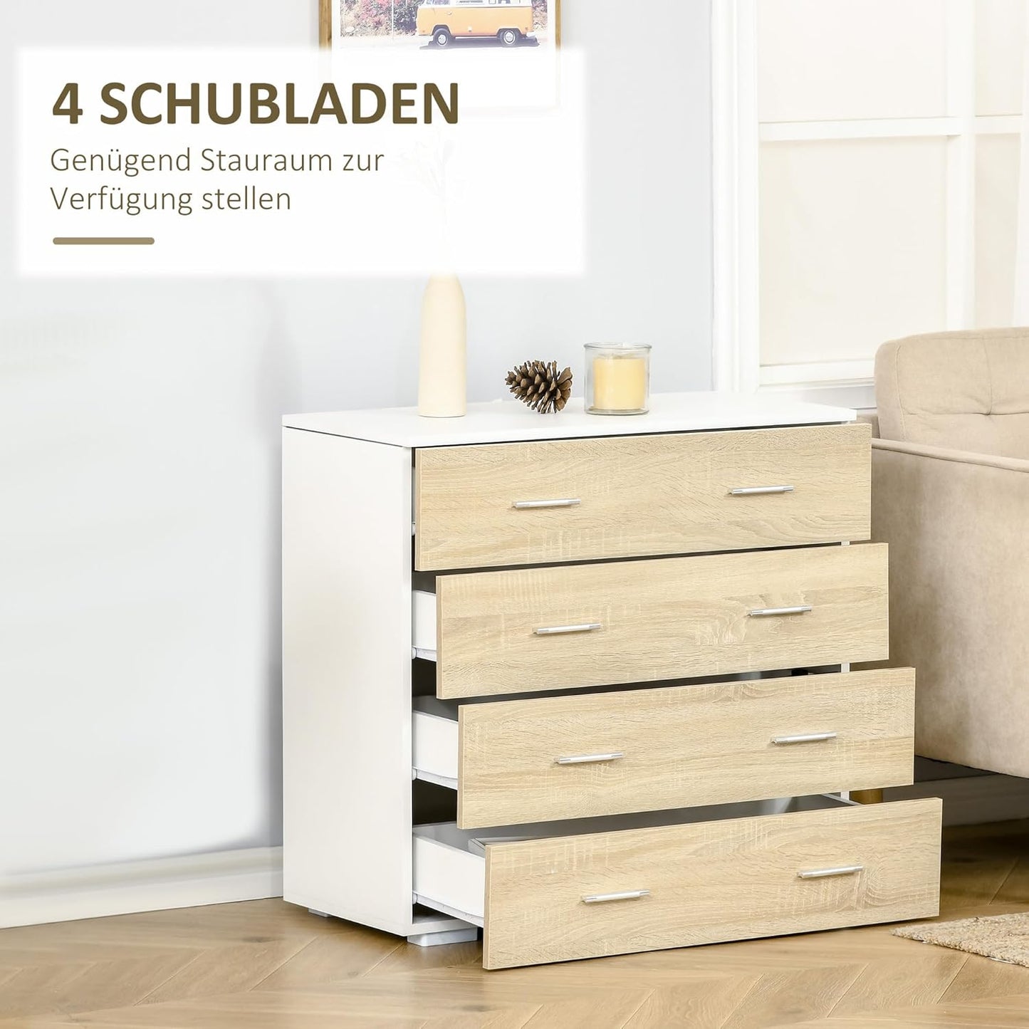 Chest of Drawers with 4 Drawers Bathroom Cabinet Drawer Cabinet for Bedroom Living Room Oak White 76 x 35 x 72 cm