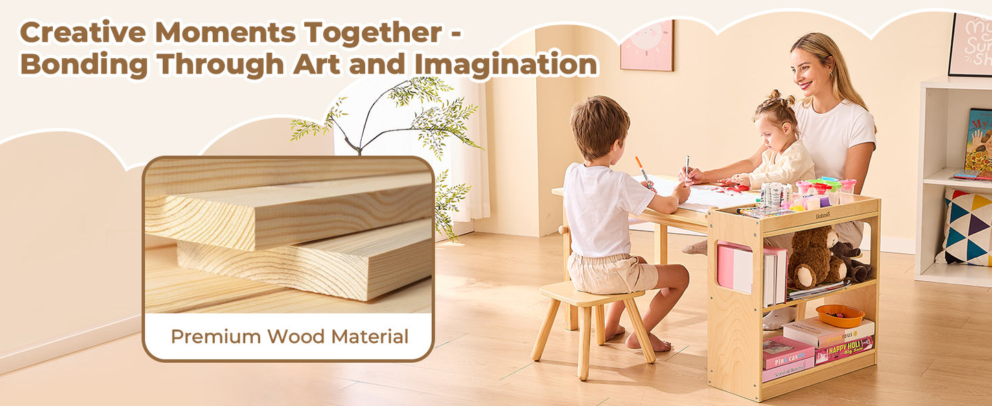 Kids Art Table & 2 Chairs Set with Roll Paper - Spacious Craft Table with Storage Shelves for Drawing, Activities, and Study - Ideal Wooden Furniture for Creative Play