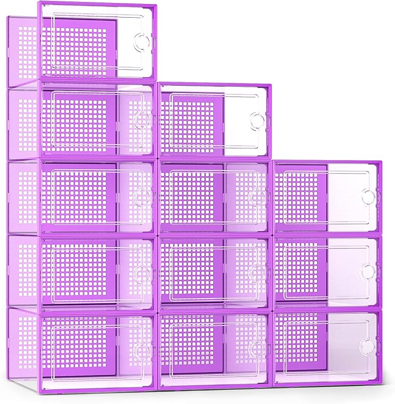 Kuject X-Large Shoe Storage Boxes Organizers Clear Plastic Stackable 12 Pack, Shoe Rack & Holder Substitute, Sneaker Containers, Toy Storage Organizer Bins for Entryway, Closet, Under Bed, Black