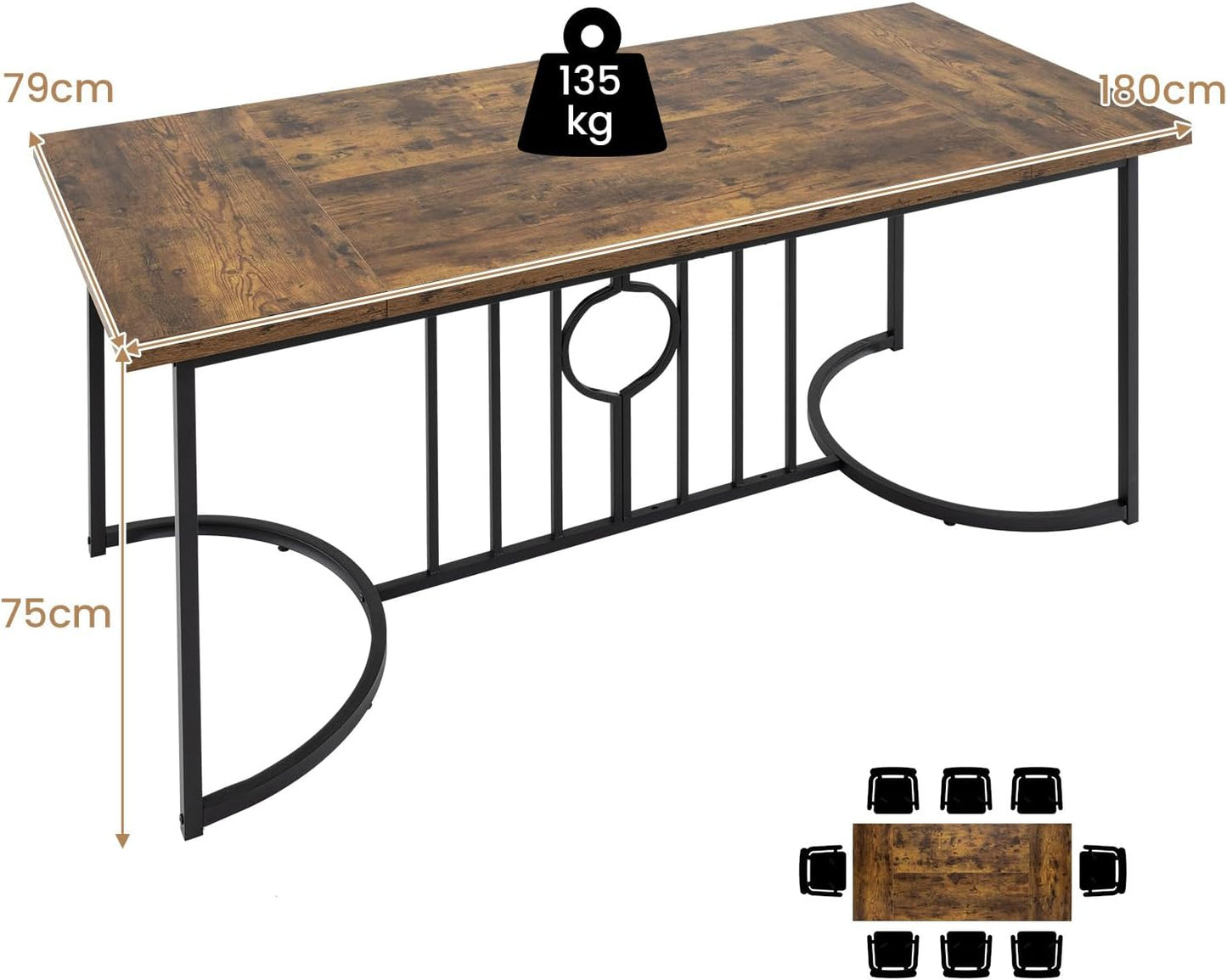 Dining Table 180 cm, Kitchen Table for 6-8 People, Rectangular Dining Room Table with Wooden Surface and Geometric Metal Structure, Large Table for Home & Restaurant