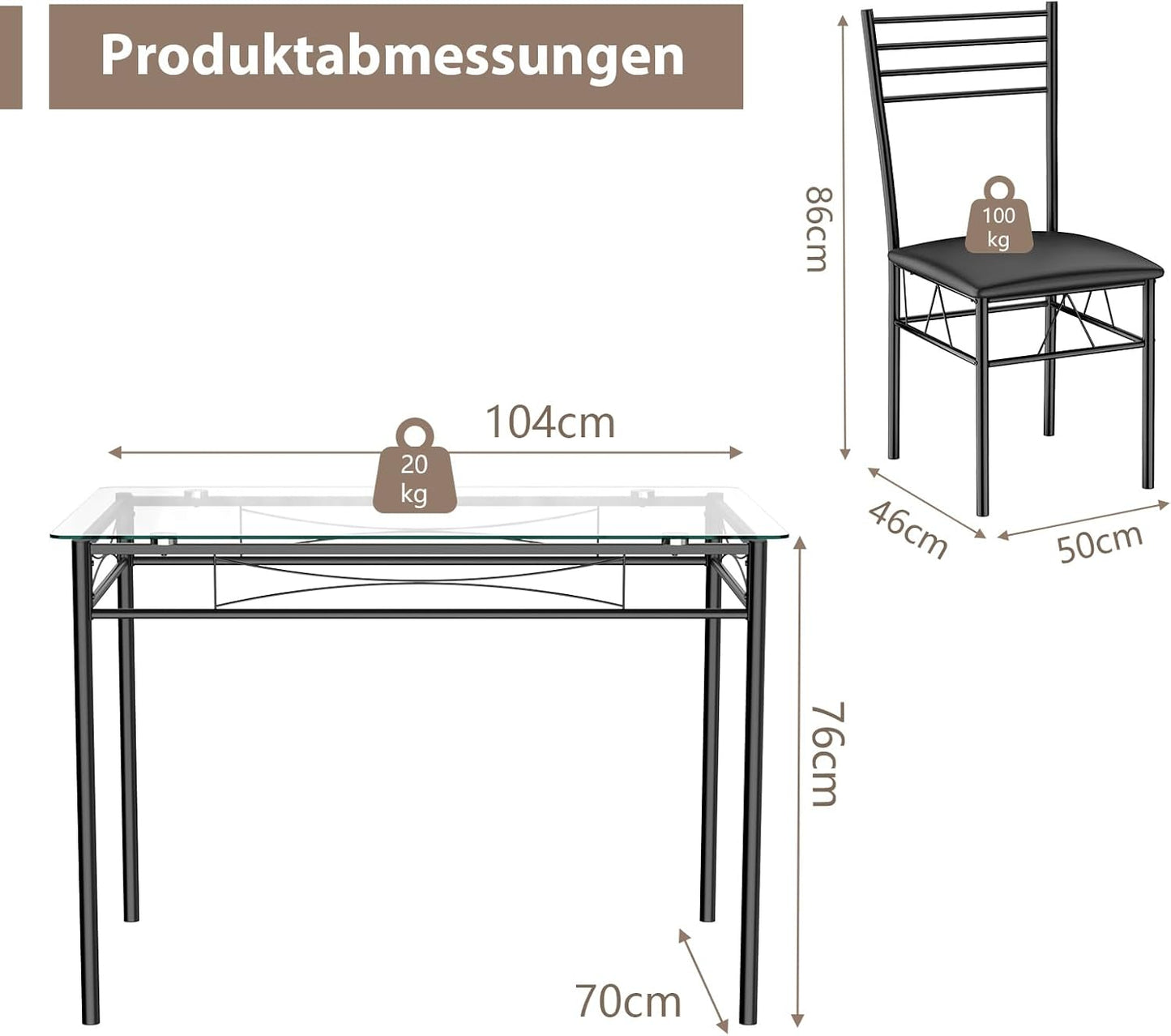 Dining Table with 4 Chairs, 5-Piece Dining Table Set, Dining Set with Padded Chair & Glass Table Top & Metal Frame, Modern Dining Room Set for Dining Room, Kitchen, Living Room