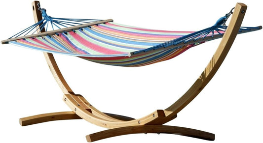 Blanca-Caleta Hammock Frame 320 cm with Natural Larch Wood Frame with Striped Bar Hammock