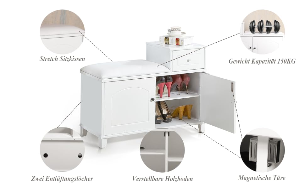 Organizedlife Shoe Bench, Shoe Cabinet Seat Bench with Seat Cushion, Padded, Shoe Rack with Storage Space, Removable Storage Compartments, Drawer, Shoe Rack Furniture, 80 x 36 x 60 cm, White