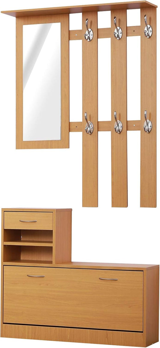 Hallway with Mirror, Wardrobe and Shoe Rack, 2-Piece Hallway with 6 Hooks, 6 Shelves and Folding Drawer for Hallway, Wood, Brown