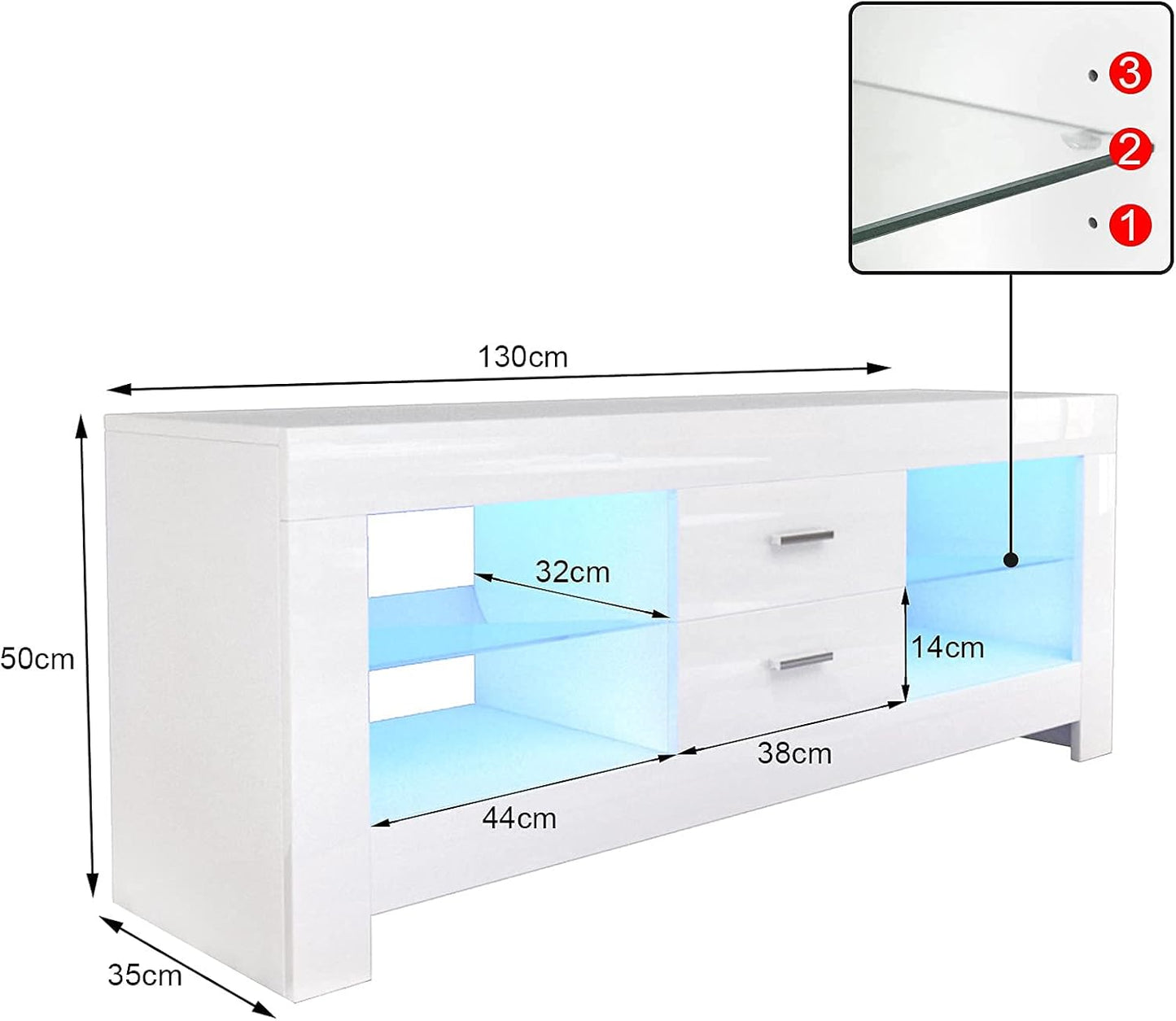 TV Lowboard, TV Sideboard with LED Lighting & Drawers, High Gloss TV Storage Unit, 130 x 50 x 35 cm, White