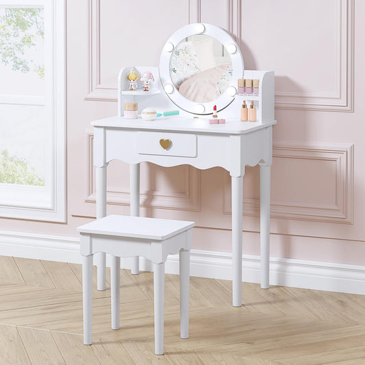 UTEX Kids Vanity, Girls Vanity Set with Mirror and Stool and Lights, Pretend Play Kids Vanity Table and Chair Set,Wooden Princess Makeup Desk Dressing Table, White