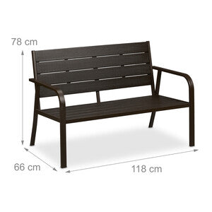 Garden Bench with Seat Cushion, Wood Look, HBT: 78 x 118 x 66 cm, 2-Seater, Sturdy Balcony Bench, Brown