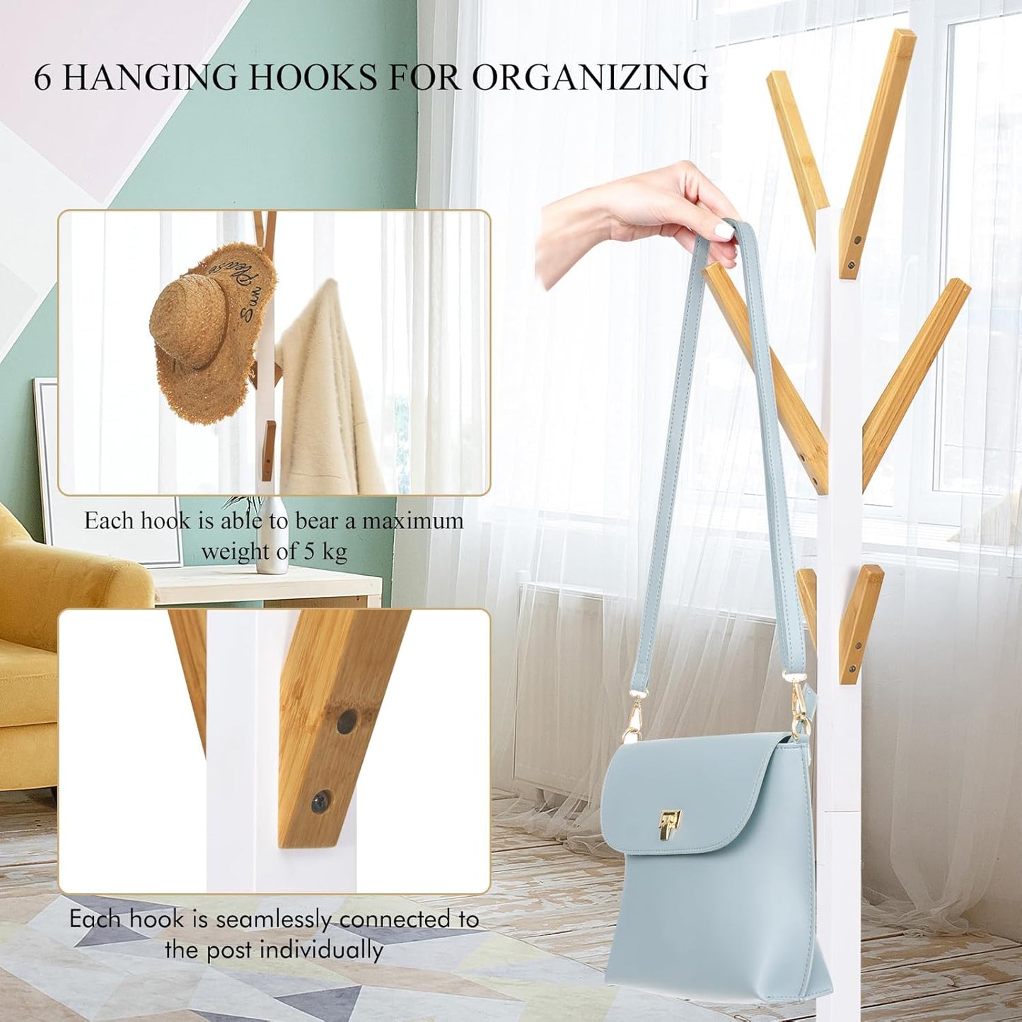 Bamboo Coat Rack with 6 Hooks Tree Each Hanger Can Hold 5kg Clothes Rack for Clothes, Jackets, Hats, Bags, 55 x 55 x 179 cm, White