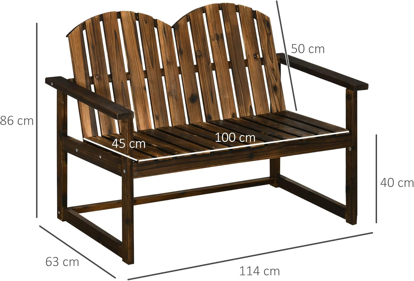 Garden Bench, 2-Seater Bench, Wooden Bench with Backrest, Armrest, Park Bench, Maximum Load 240 kg, for Garden, Balcony, Charred, 114 x 63 x 86 cm