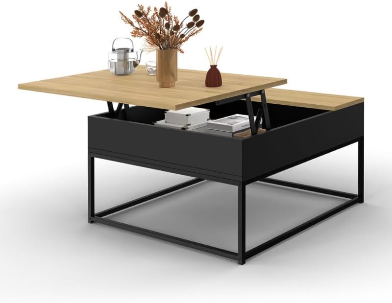 Black Square Coffee Table - Flip Up Top - Boston Effect Beech Industrial Design