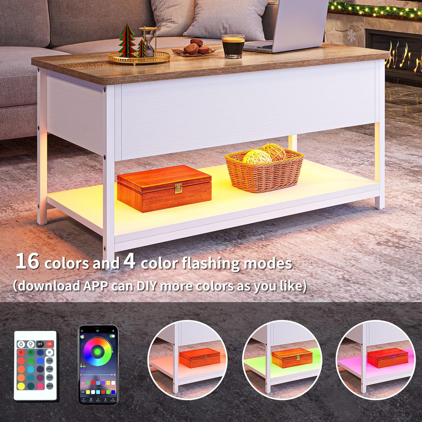 Coffee Table with Height-Adjustable Top, Extendable, Hidden Storage Space, Living Room Table, Side Table for Living Room, Office, with Power Strip and LED Light Strip